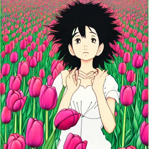 Image similar to beautiful dark skin mexican woman, dancing in a field of tulips and baby's breath, septum piercing and nose ring, prominent cheek bones, black hair and brown eyes, studio ghibli art style, art by hayao miyazaki, makoto shinkai