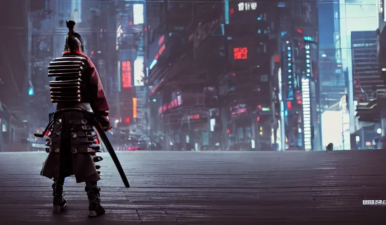 Prompt: cyberpunk samurai walking with his katana, full body shot, 8k, cinematic, epic, ultra detailed, award winning, trending on artstationHD, dramatic
