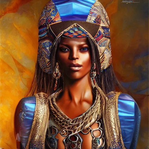 Prompt: a full body beautiful touareg woman by karol bak, ayami kojima, artgerm, sakimichan, arabian beauty, blue eyes, smile, concept art, fantasy