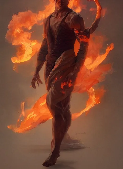 Image similar to a man made of fire and smoke, male, full body view, beautiful high quality realistic fantasy art, trending on artstation by artgerm and greg rutkowski and alphonse mucha