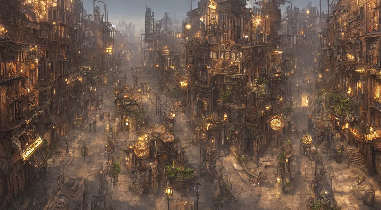 Image similar to steampunk city streets by ted nasmith, octane render, trending on artstation