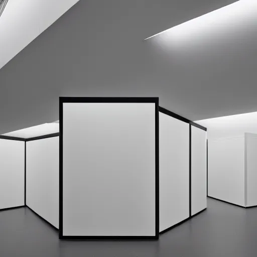 Prompt: a minimalist windowless phone cabin inside a white cube museum atmosphere