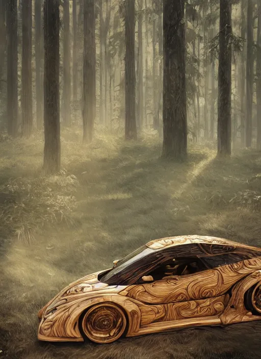 Image similar to a fancy car made out of carved woods on a forest, art style by klimt and nixeu and ian sprigger and wlop and krenz cushart, au naturel, hyper detailed, digital art, trending in artstation, cinematic lighting, studio quality, smooth render, unreal engine 5 rendered, octane rendered