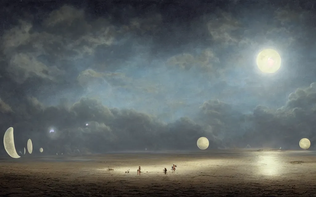 Image similar to A beautifully strange photo illustration of four full moons above a beach by Benoit B. Mandelbrot, Steven Belledin, Martin Johnson Heade , Lee Madgwick, and Caspar David Friedrich, Sci-fi fantasy mystical moons depth glowing water reflections, colorful final Render iridescent fantasy concept art, highly detailed octane render, 8K HD , trending in art station