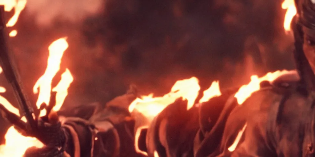 Image similar to a film still of a black man starring in a japanese blockbuster film as ancient evil samurai with fire powers, shallow depth of field, cinematic, award winning cgi, vfx, film still