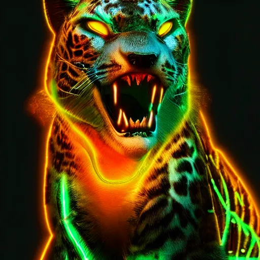 Prompt: portrait of a neon cyberpunk cyborg jaguar animal snarling, octane render