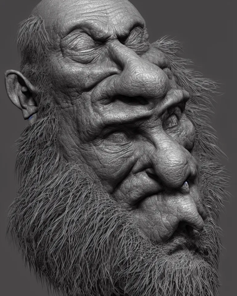 Prompt: A highly detailed portrait 3D render of a singular craggly old man. ZBrush and Blender. Trending on cgsociety. Dramatic lighting. Beautiful. Colorful. By Mark Mann and Jimmy Nelson.