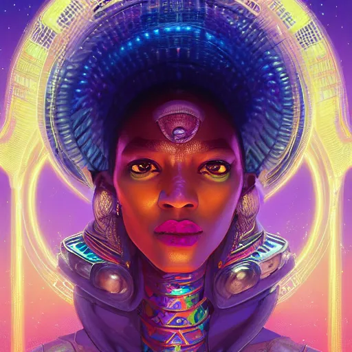 Image similar to highly detailed portrait of an african neon egyptian goddess, intricate alien technology, stephen bliss, unreal engine, fantasy art by greg rutkowski, loish, rhads, ferdinand knab, makoto shinkai and lois van baarle, ilya kuvshinov, rossdraws, tom bagshaw, global illumination, radiant light, detailed and intricate environment