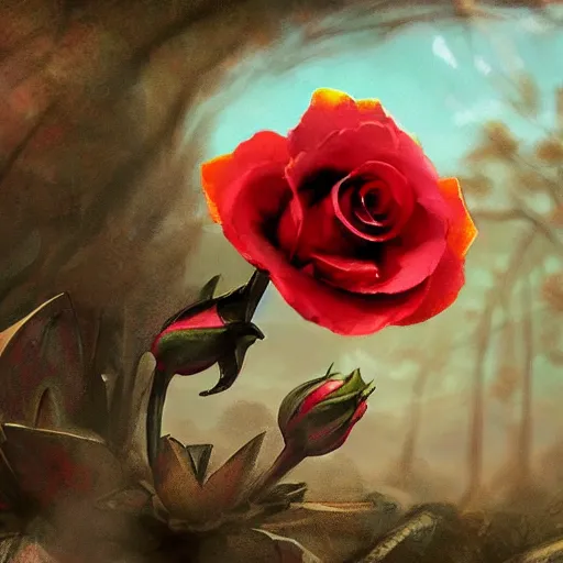 Image similar to a flower in a wasteland, one single flower, red rose, destroyed swampland, dead trees in background, one lone flower, concept art, style of magic the gathering