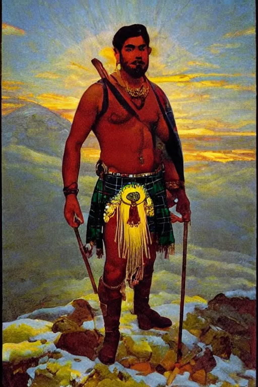 Prompt: a symmetrical homoerotic tarot card of a handsome shirtless desi adventurer wearing a scottish tartan kilt on a snowy mountain peak, by raja ravi varma, by bill ward. he has a wooden staff, cowboy hat, and boots. background is a stained glass golden sunrise. art deco, art nouveau. by louis comfort tiffany, by albert bierstadt. trending on artstation.