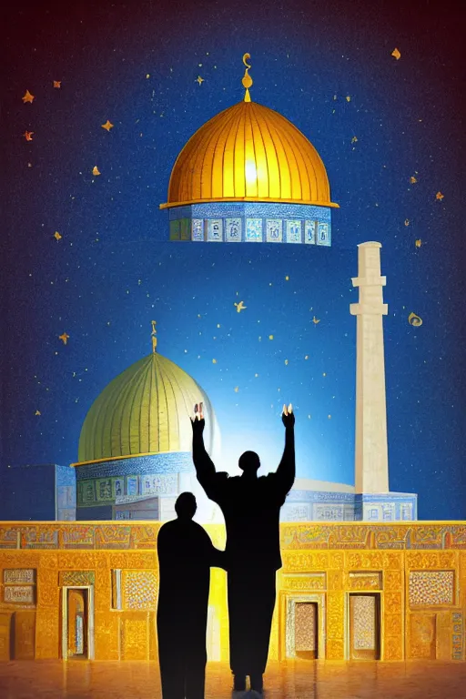 Image similar to a beautiful oil painting flyer design illustration of dome of the rock jerusalem and a silhouette of muslim is praying to god in front of it, intricate, elegant, glowing lights, highly detailed, digital painting, artstation, concept art, smooth, sharp focus, illustration, in the style of martin johnson heade and mark ryden