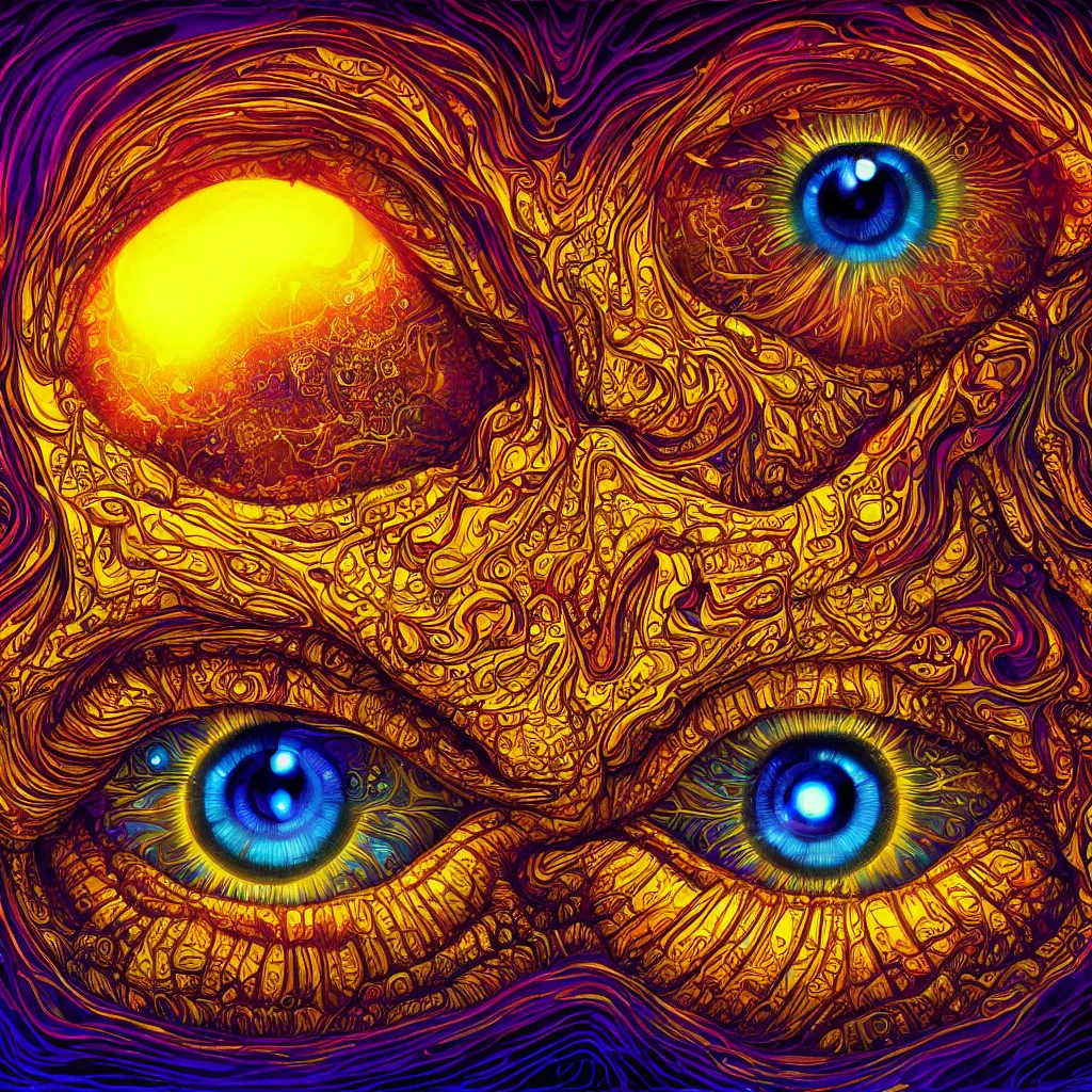 Prompt: psychedelic landscape inside the iris of the eye, surface of the eye, eye art, fantasy, dreamy and ethereal, ornate, dynamic lighting, golden ratio, higly detailed, concept art, sharp focus, 4k, symmetry, in the style dan mumford artwork,