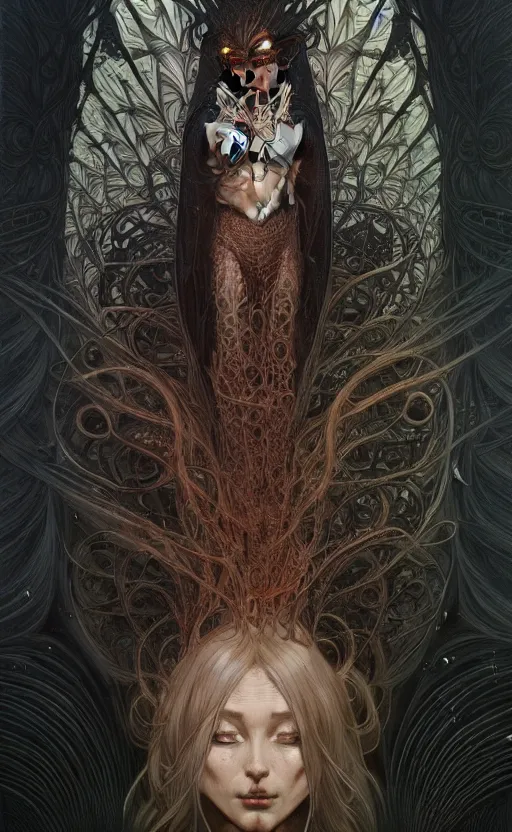 Image similar to Defaced creature wearing a black robe, it's face has been replaced by a fractal singularity of shifting patterns. fantasy, highly detailed, digital painting, artstation, concept art, smooth, sharp focus, illustration, art by artgerm and greg rutkowski and alphonse mucha