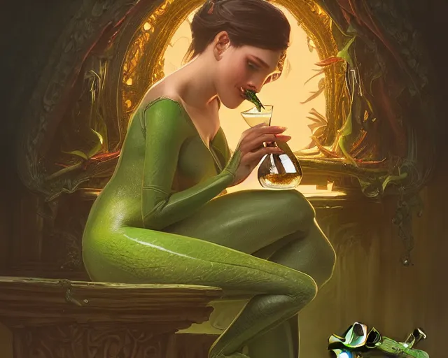 Prompt: photography of princess frog drinking wine, d & d, fantasy, intricate, elegant, highly detailed, digital painting, artstation, concept art, matte, sharp focus, illustration, hearthstone, art by artgerm and greg rutkowski and alphonse mucha