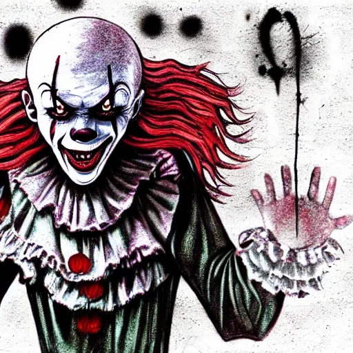 Image similar to grunge drawing of a happy pennywise in the style of the grudge | horror themed | loony toons style