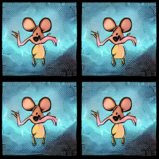 Image similar to a four panel illustration of four identical mice rotating in space with a black background