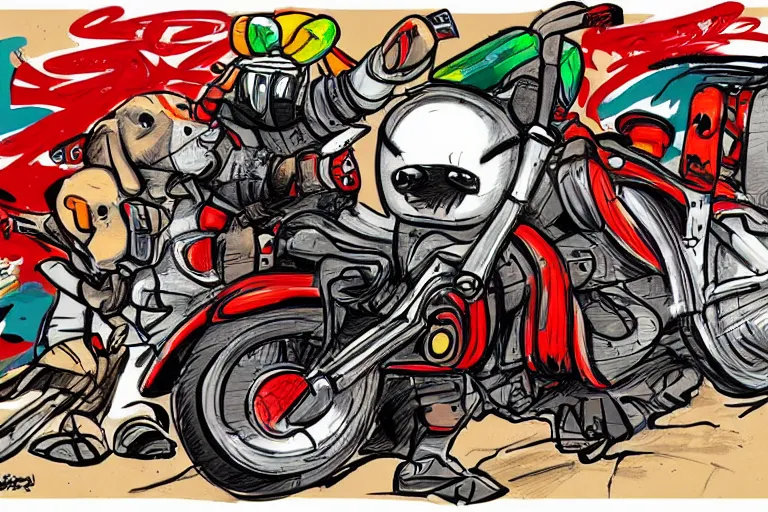 Image similar to a cartoon graffiti illustration of red pandas riding an elephant motorbike by stom 5 0 0