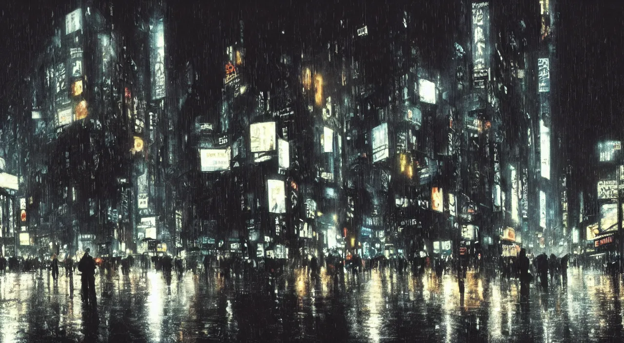 Prompt: a dramatic scene from blade runner film, with brutalist city scape and crowded streets at rainy night