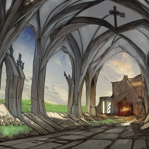 Image similar to a burnt out church, manga, anime, 2 d - animation, cel shaded, cel shading, madhouse studio, studio ghibli, unfotable studio