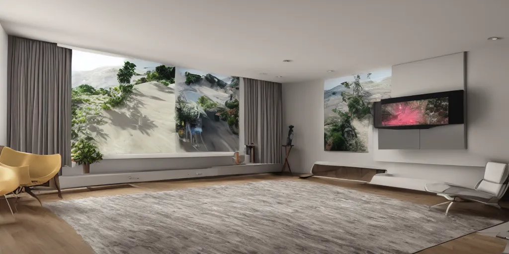 Prompt: Equirectangular GoPro VR render of a modern living room, natural colors, ambient occlusion, national geographic, 8k uhd