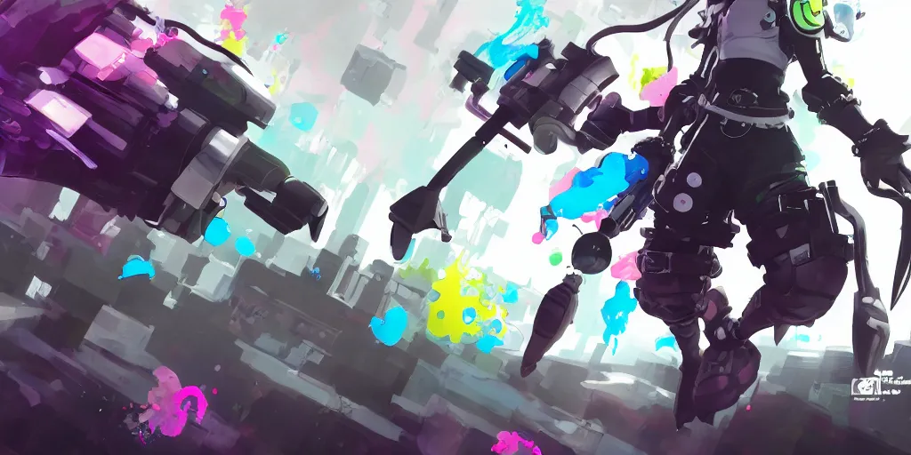 Image similar to splatoon nintendo one character digital painting no blur, concept art, character sheet nier automata 2 d, yoji shinkawa, yoshitaka amano, tsutomu niehi, cyberpunk, trending on artstation, featured on pixiv, hyper detail, cinematic composition, 8 k