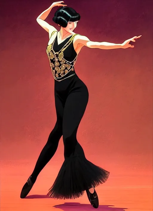 Image similar to a beautiful dancer with black hair in 1930's fashion, ballroom background, intricate, highly detailed, digital painting, artstation, official media, anime key visual, concept art, rich vivid colors, ambient lighting, sharp focus, illustration, art by Artgerm, Makoto Shinkai, Ilya Kuvshinov, Lois Van Baarle, and Rossdraws