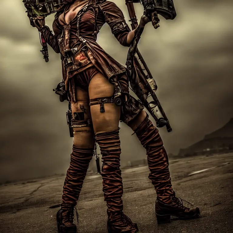 Image similar to full length photo of a very beautiful female atompunk warrior, 8 k, hdr, smooth, sharp focus, high resolution, award - winning photo