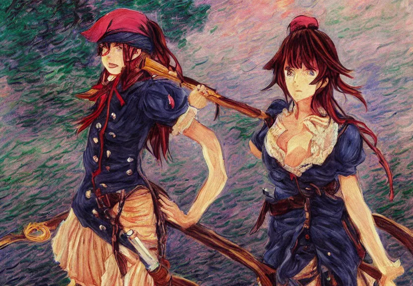 Image similar to wide angle painting of a female pirate, a thrifty uniform, somewhat of an anime in impressionist style, trending artwork, illustrated in anime painter studio, by claude monet and an anime artist, collaboration