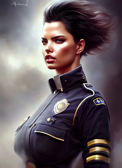 Image similar to a beautiful woman with police uniform, adriana lima, painted by artgerm and tom bagshaw, fantasy art, dramatic lighting, highly detailed oil painting