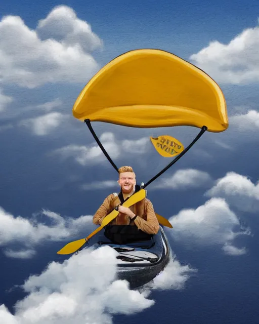 Image similar to realistic portrait of a blonde guy in a kayak over the clouds in the sky