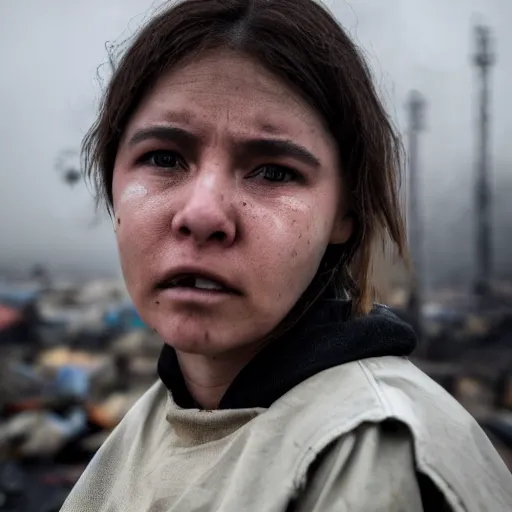 Image similar to photographic portrait of a poor techwear woman holding back tears, a futuristic shanty town burns in the background, closeup, sigma 85mm f/1.4, 4k, depth of field, high resolution, 4k, 8k, hd, full color