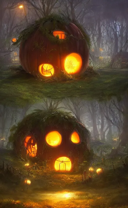 Image similar to a giant pumpkin house in the middle of a forest at night, the lights are on, dynamic lighting, photorealistic fantasy concept art, trending on art station, stunning visuals, creative, cinematic, ultra detailed