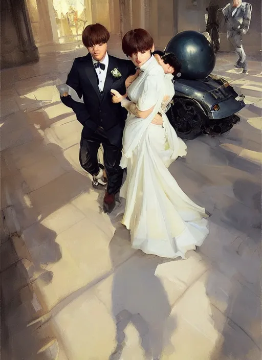 Image similar to jungkook and taehyung of bts getting married in las vegas, jodhpurs hyperborea winter traveler treasure hunter greg manchess painting by sargent and leyendecker, fantasy, medium shot, asymmetrical, intricate, elegant, matte painting, illustration, hearthstone, by rhads, by greg rutkowski, by greg tocchini, by james gilleard, by joe fenton