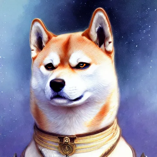 Image similar to Portrait of Shiba Inu, blue eyes, fantasy, intricate, elegant, highly detailed, digital painting, artstation, concept art, smooth, sharp focus, illustration, art by artgerm and greg rutkowski and alphonse mucha