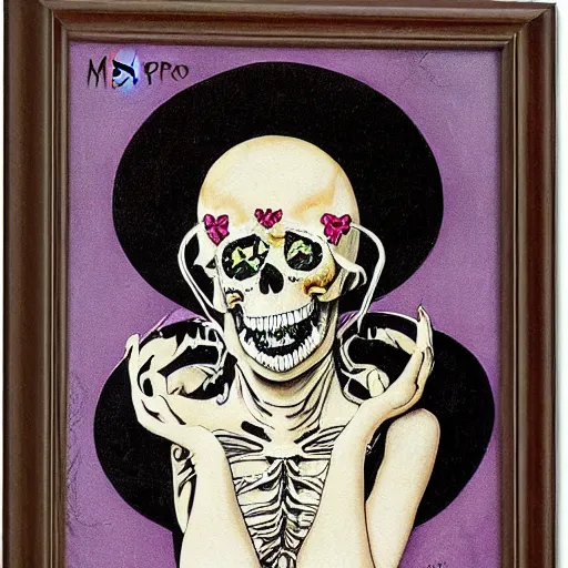 Image similar to portrait painting young woman skeleton, skull, hello kitty, comic book, elegant, highly detailed, painted by maxfield parrish and ditko