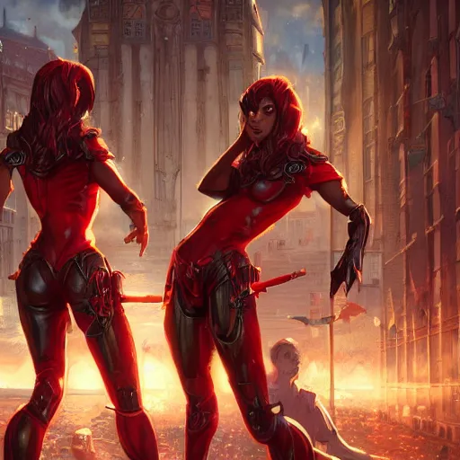 Image similar to a pair of twins, male and female, arrogant, fantasy, wide shot, urban background, highly detailed, digital painting, artstation, concept art, sharp focus, comic book, art by artgerm and greg rutkowski and magali villeneuve, red black and gold color scheme
