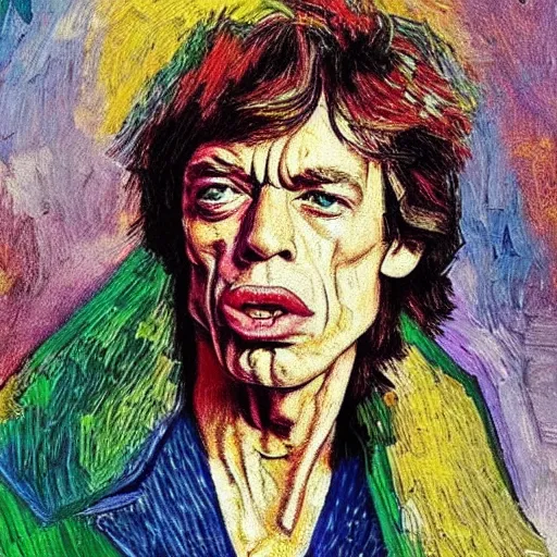 Prompt: an artistic portrait of mick jagger, attractive, rock star, high quality, studio photography, colorful, hero, heroic, beautiful, in the style of vincent van gogh