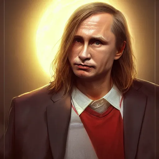 Image similar to Vladimir Putin as Kurk Cobain from Nirvana, portrait, highly detailed, digital painting, artstation, concept art, smooth, sharp focus, illustration, cinematic lighting, art by artgerm and greg rutkowski and alphonse mucha