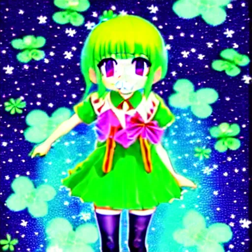 Prompt: a hologram of moe styled green haired yotsuba koiwai crossed fingers, wearing a gothic lolita decora spiked jacket, background full of lucky clovers and shinning stars, holography, irridescent