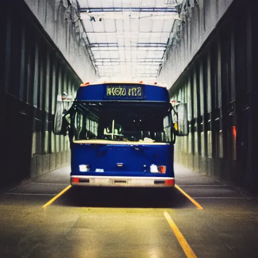 Image similar to 1990s perfect 8K HD professional cinematic photo of a bus in dystopian hangar, at evening during rain, at instagram, Behance, Adobe Lightroom, with instagram filters, depth of field, taken with polaroid kodak portra