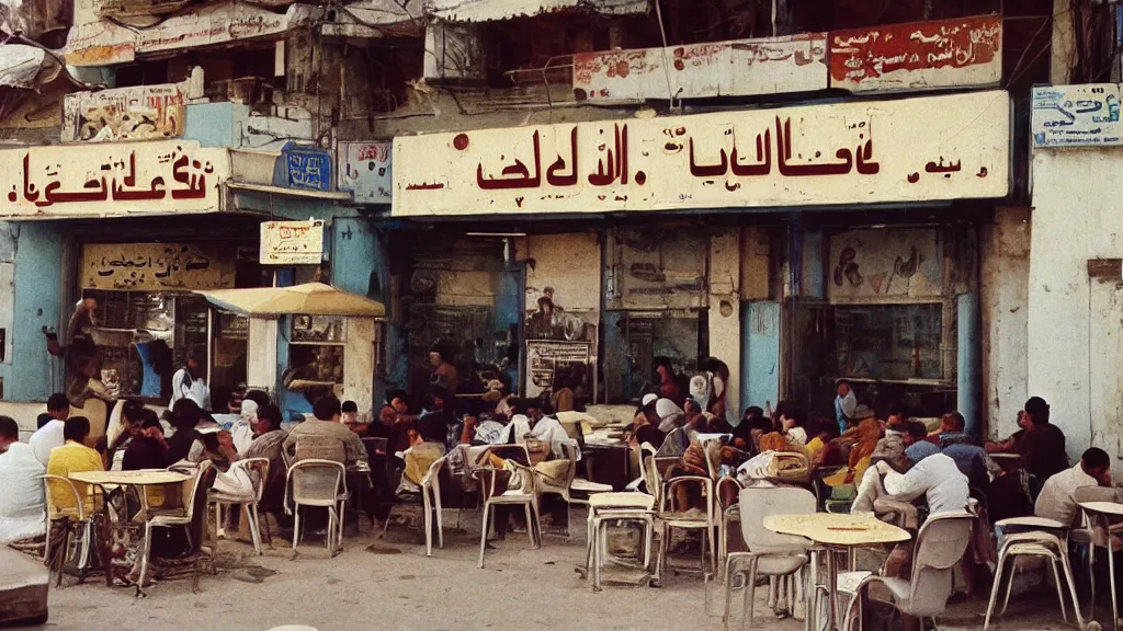 Image similar to colour photograph of a cafe in central baghdad in the 1 9 6 0 s + fujifilm