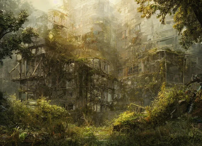 Prompt: overgrown foliage overtaking tall destroyed buildings, biopunk, scenery, professional, award - winning, trending on artstation, detailed, realistic, beautiful, emotional, shiny, golden, picture