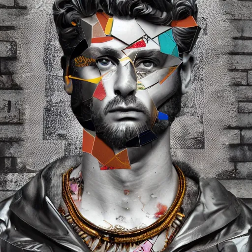 Image similar to roman god, contemporary collage, highly detailed, digital painting, 4 k, hdr, punk, fashion, smooth, sharp focus, art by nick knight, sandra chevrier and john hoyland