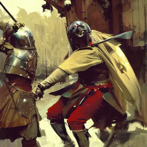 Image similar to man wearing gambeson and bascinet helmet, swinging sword, fighting, detailed by greg manchess, craig mullins, bernie fuchs, walter everett