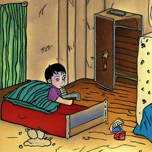 Image similar to a boy finds a small monster under his bed in the style of sven nordqvist