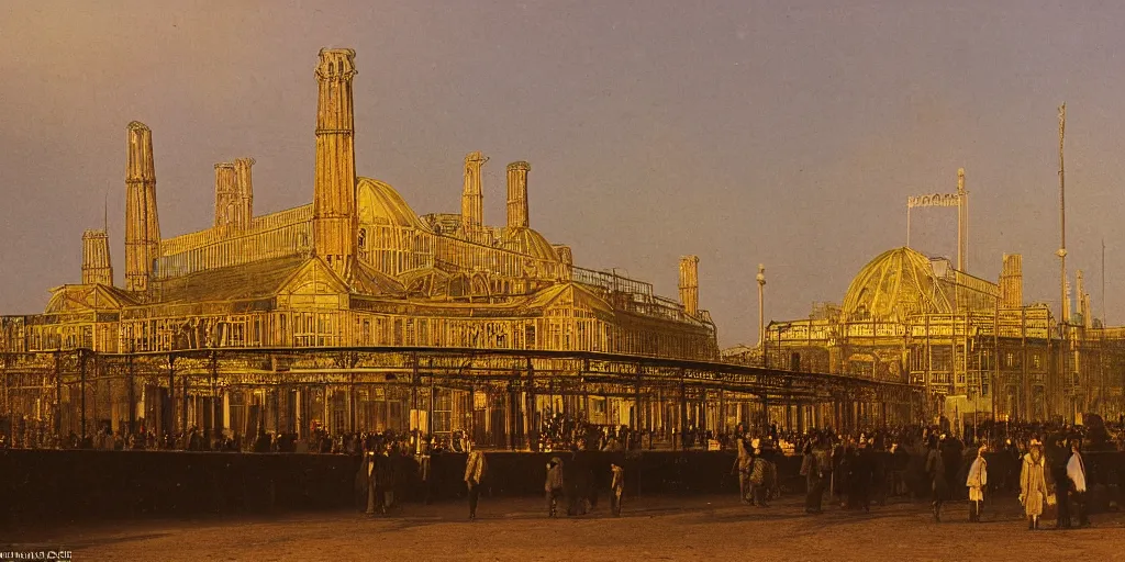 Image similar to a color photograph of the crystal palace, london exhibition of 1 8 5 1, golden hour