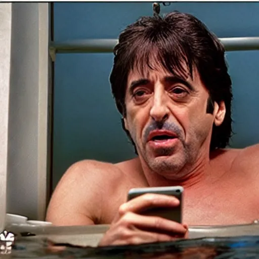 Prompt: al pacino scarface hot tub scene, except he is wearing catgirl ears and browsing his iphone