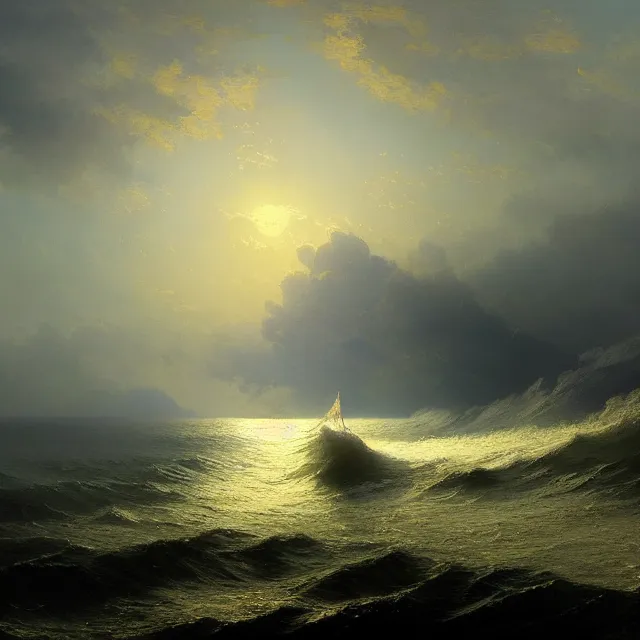 Prompt: a beautiful painting of the sea by ( ivan aivazovsky ) and sin jong hun and greg rutkowski and george varodi. in style of concept art. 4 k texture. ray tracing. sharp lines, hyper detailed. octane render. trending on artstation