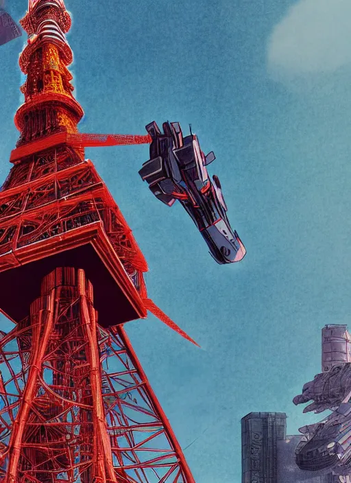 Prompt: tokyo tower as a giant war robot. ultra detailed, close - up, by conrad roset, takato yomamoto, jesper ejsing, masamune shiro, ukiyo - e, 8 k resolution, octane render, high quality, professional artwork