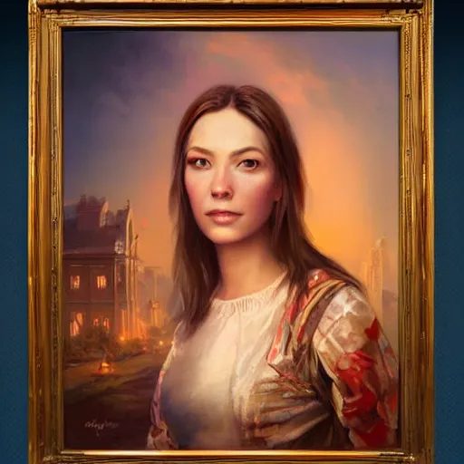 Image similar to portrait of an american woman ( 3 5 ) from the united states of america in 2 0 2 1, an oil painting by ross tran and thomas kincade